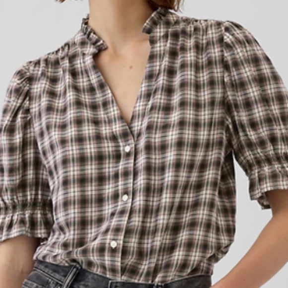 GAP Brown, Black, & Ivory/Cream Plaid Crinkle Gauze Puff Sleeve Shirt - Size XL - Picture 2 of 13